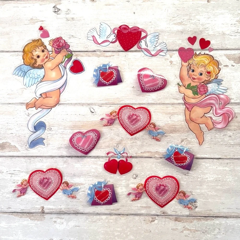 Valentine’s Day Window Clings Reusable Stickers Set Vday 12ct Angels Hearts NEW